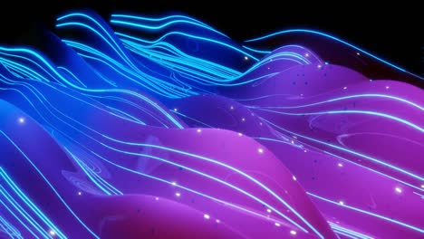 superficie 3d abstracta con hermosas olas, chispas luminosas y brillante gradiente de color azul púrpura. las olas corren en una superficie muy brillante y brillante con brillo brillante. animación en bucle 4k