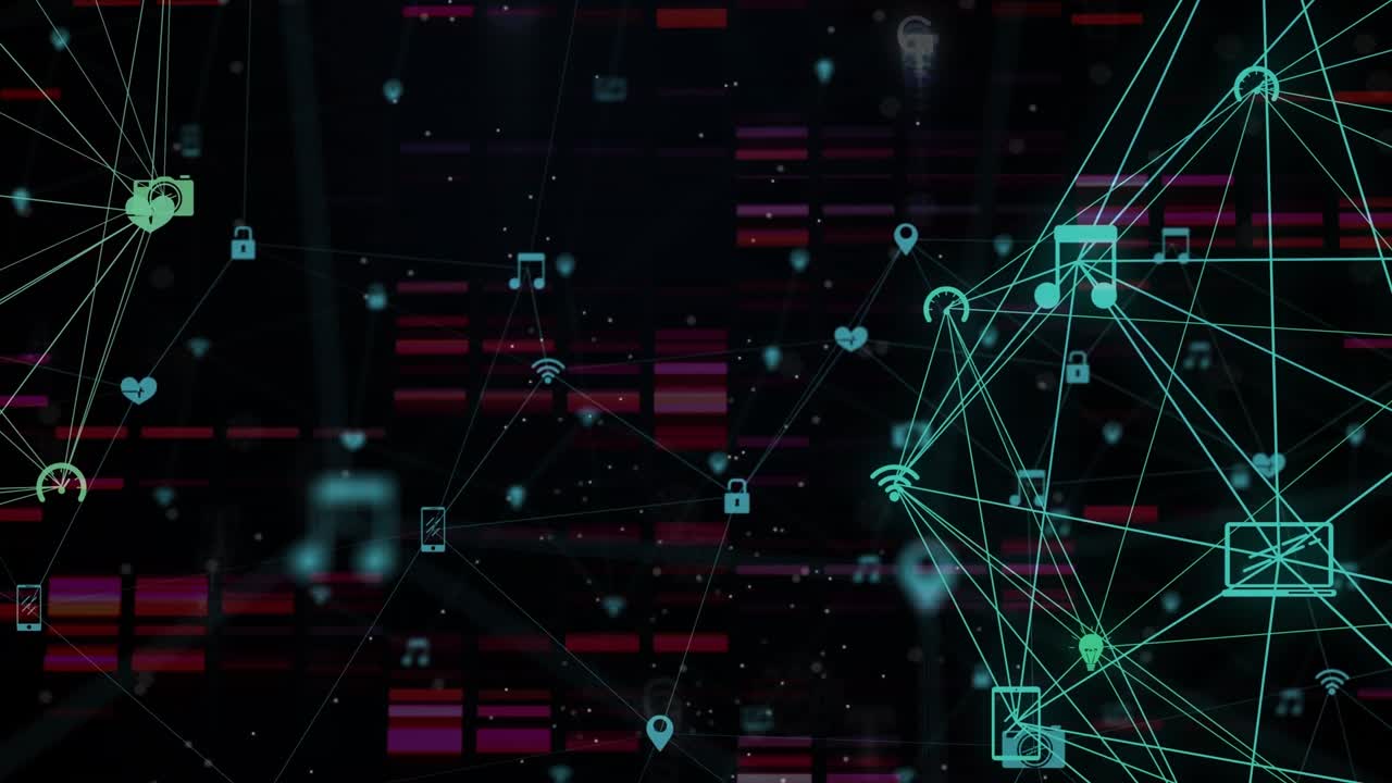 Animation of network of connections with icons over moving columns on black background