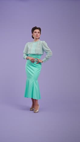a woman posing in vintage-inspired attire against a lavender background, showcasing various expressions