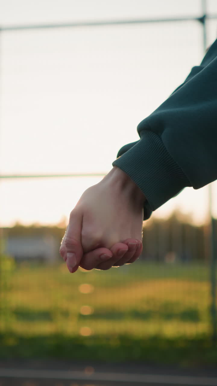 초록색 후디를 입은 사람이 배경에 빛 반이는 효과와 함께 배구를 하는 클로즈업 드 뷰, 골든 어워 동안 열린 필드와 먼 건물을 특징으로합니다.