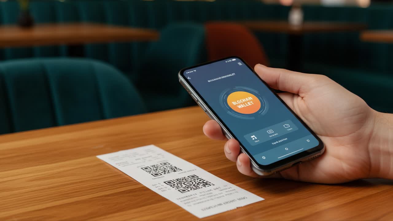 A Close-Up of a Hand Holding a Smartphone Displaying a Digital Wallet App Next to a Receipt Featuring a QR Code in a Modern Cafe Setting