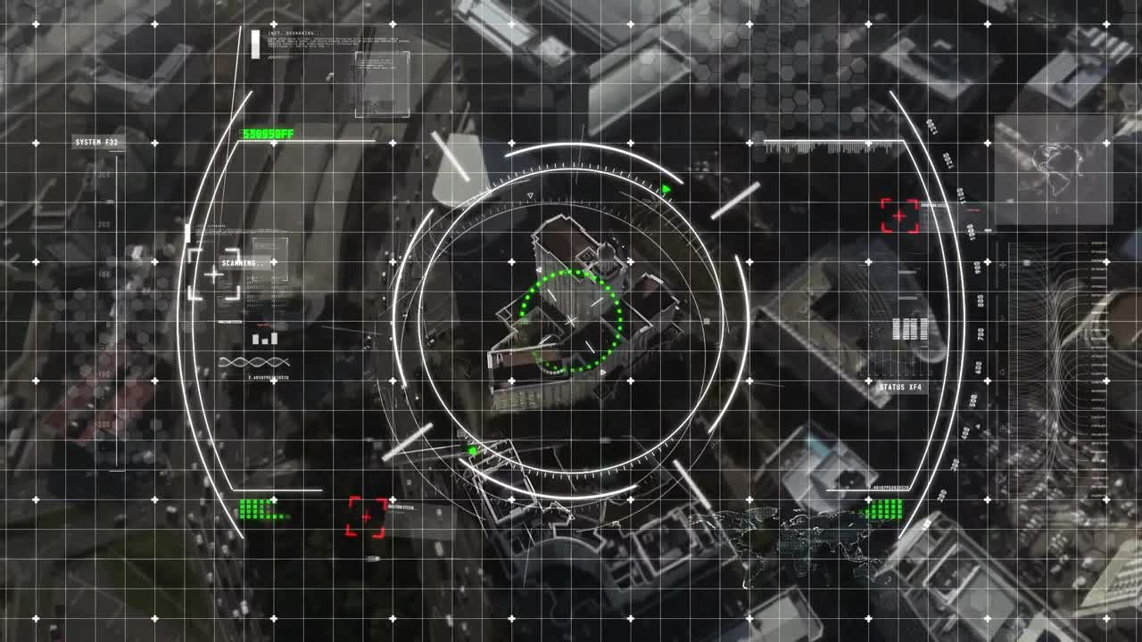 도시 풍경 위의 범위 스캐닝과 데이터 처리 애니메이션