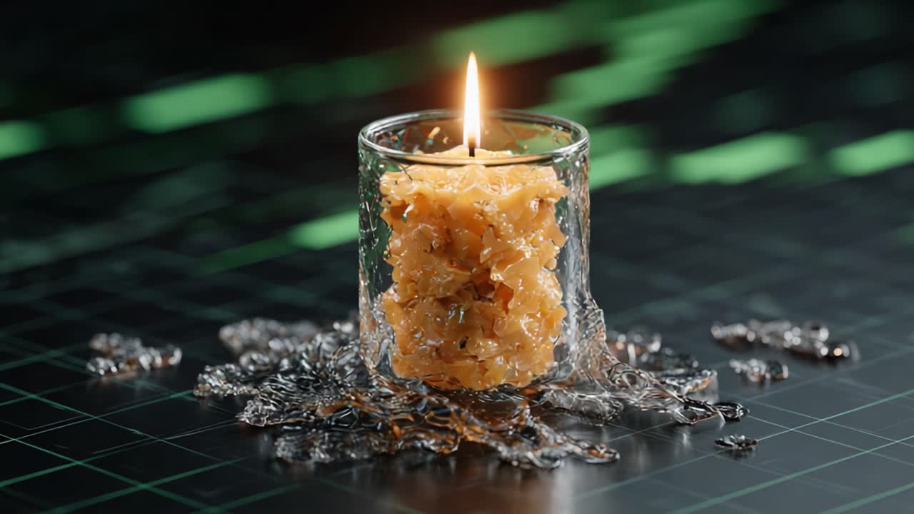 A Captivating Candle Illuminates the Scene with Warmth and Light, Surrounded by Melting Wax and Glimmering Reflections Against a Mysterious Backdrop