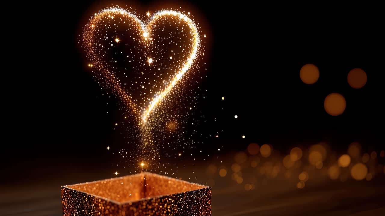 Un cuore dorato brilla sopra una scatola scintillante. Una luce calda si riversa da un contenitore luccicante. Una superficie di legno scuro riflette particelle luminose. Un simbolo a forma di cuore pulsa dolcemente contro lo sfondo notturno.