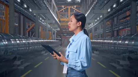 Side View Of An Asian Female Professional Worker In a In Big Warehouse Filled With Metal Pipes, Observes By Looking Up Before She Come To Concentrating On The Tablet And Keep On Checking