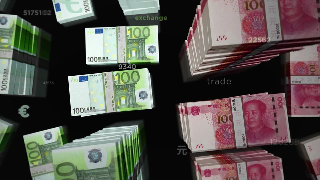 유로와 중국 위안 (renminbi) 화폐 교환 루프 애니메이션