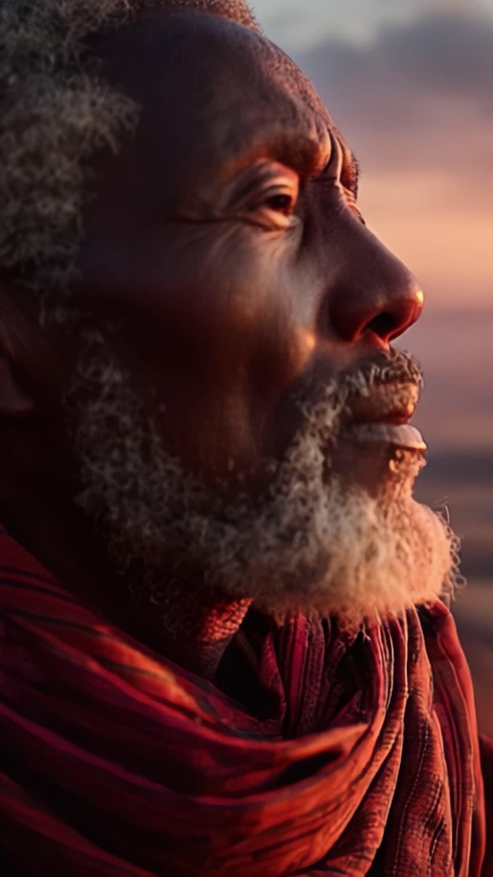 Un momento di riflessione: che cattura la profonda contemplazione di un uomo anziano in un paesaggio panoramico al tramonto con illuminazione unica e dettagli materici.