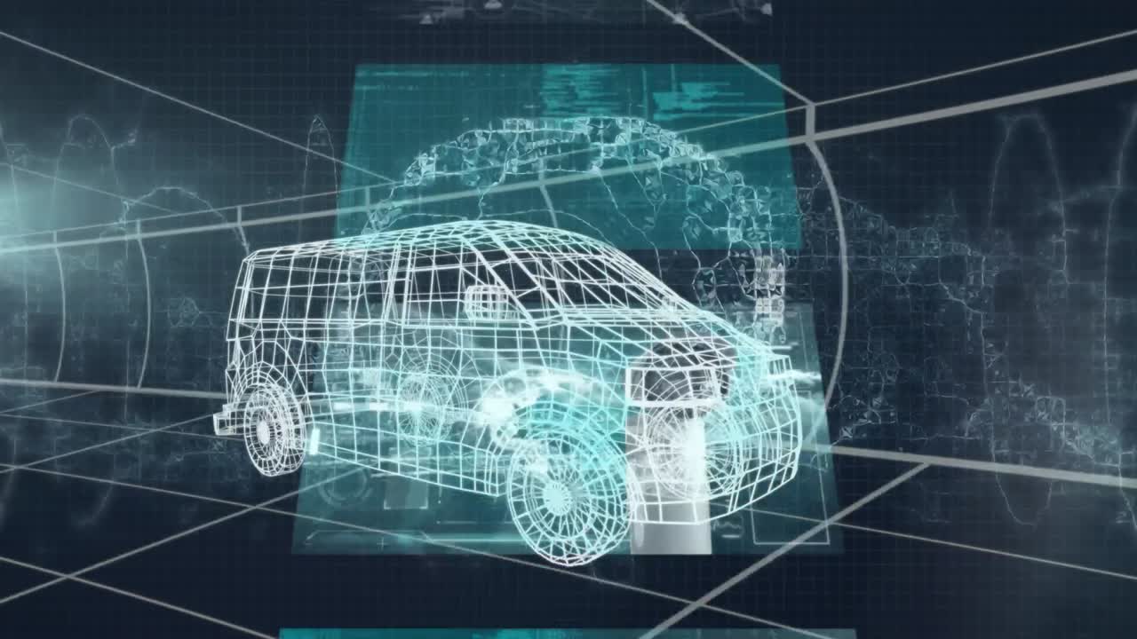 animación del cerebro humano y procesamiento de datos sobre modelo de dibujo 3d de furgoneta y cuadrícula