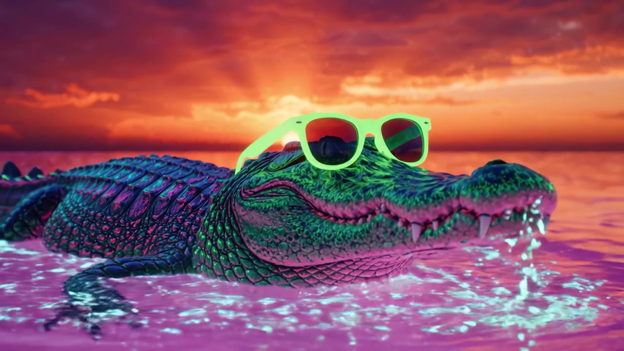 Un alligatore colorato si gode un tramonto vibrante: una scena unica di natura e immaginazione con occhiali da sole brillanti che riflettono le acque abbaglianti e il cielo serale.
