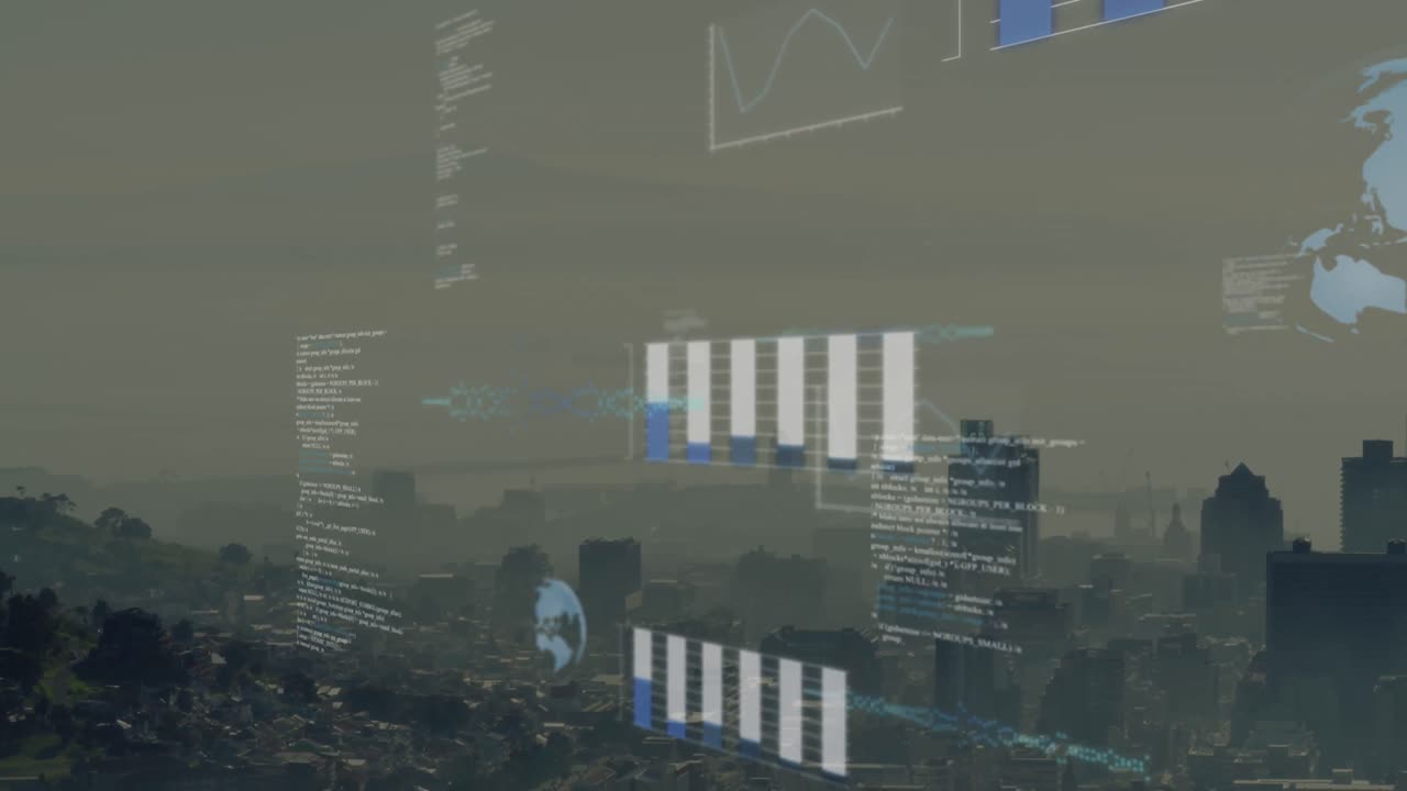 도시 풍경의 공중 전망에 대한 데이터 처리 애니메이션