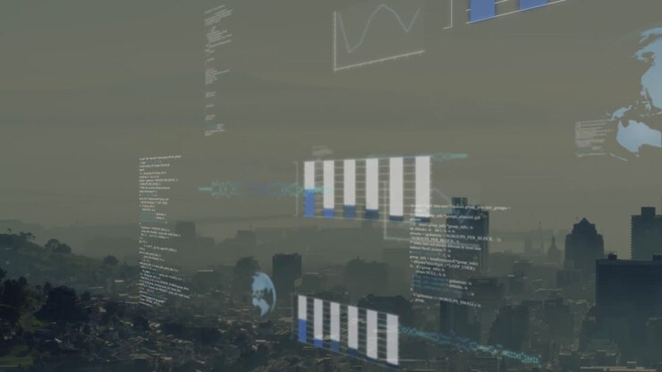 Animation of data processing against aerial view of cityscape