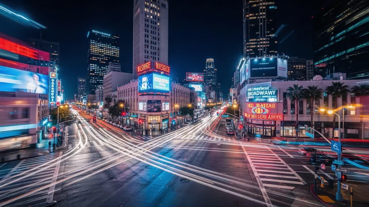 Vibrant City Intersection at Night with Light Trails