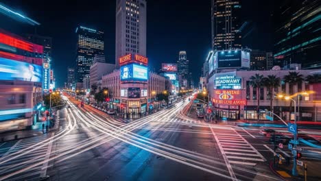 vibrant city intersection at night with light trails