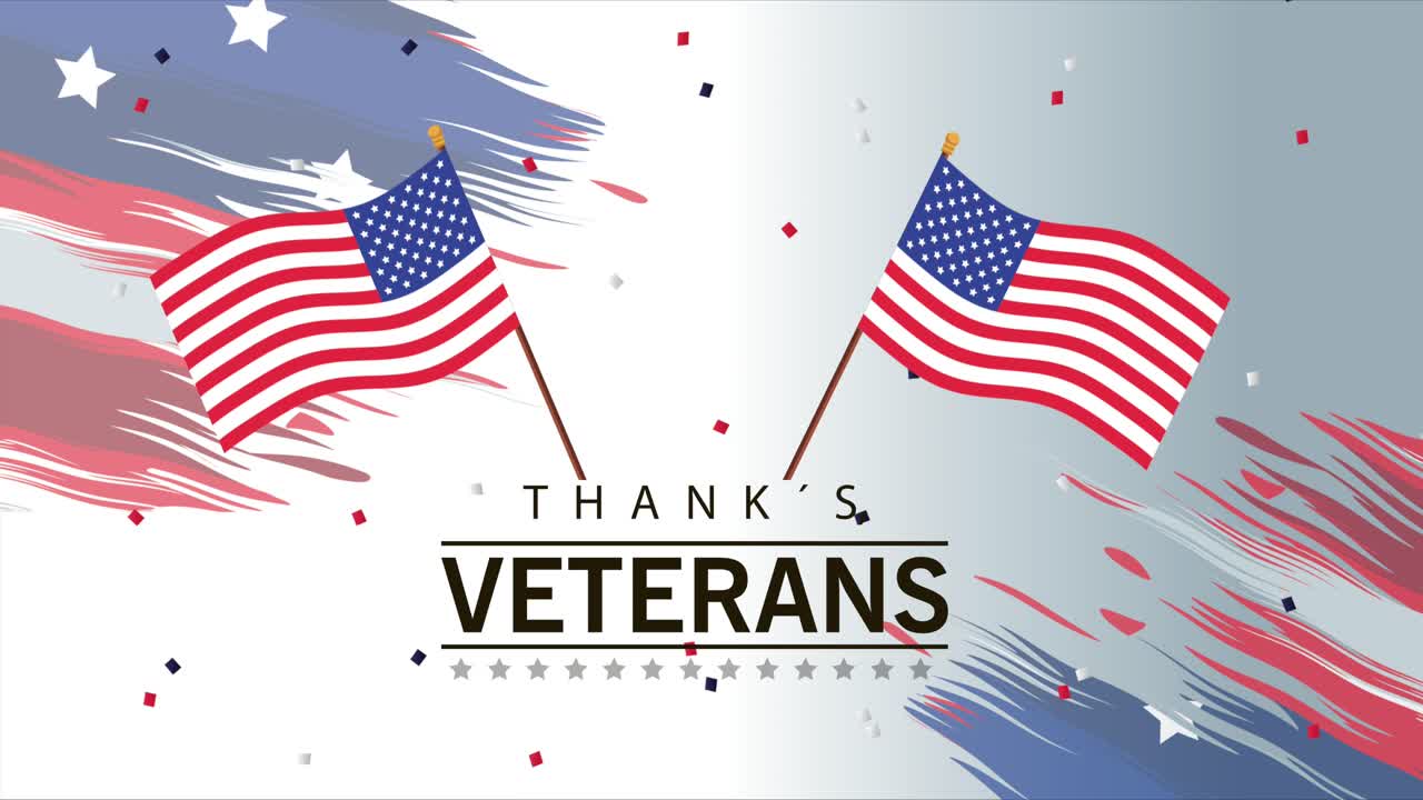 feliz día de los veteranos animación de letras con banderas de ee.uu. en postes cruzados