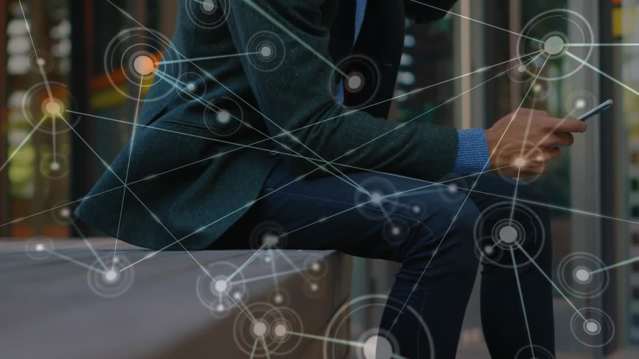 Man sitting on bench tapping phone and sparking node overlay growing across bench for IT view