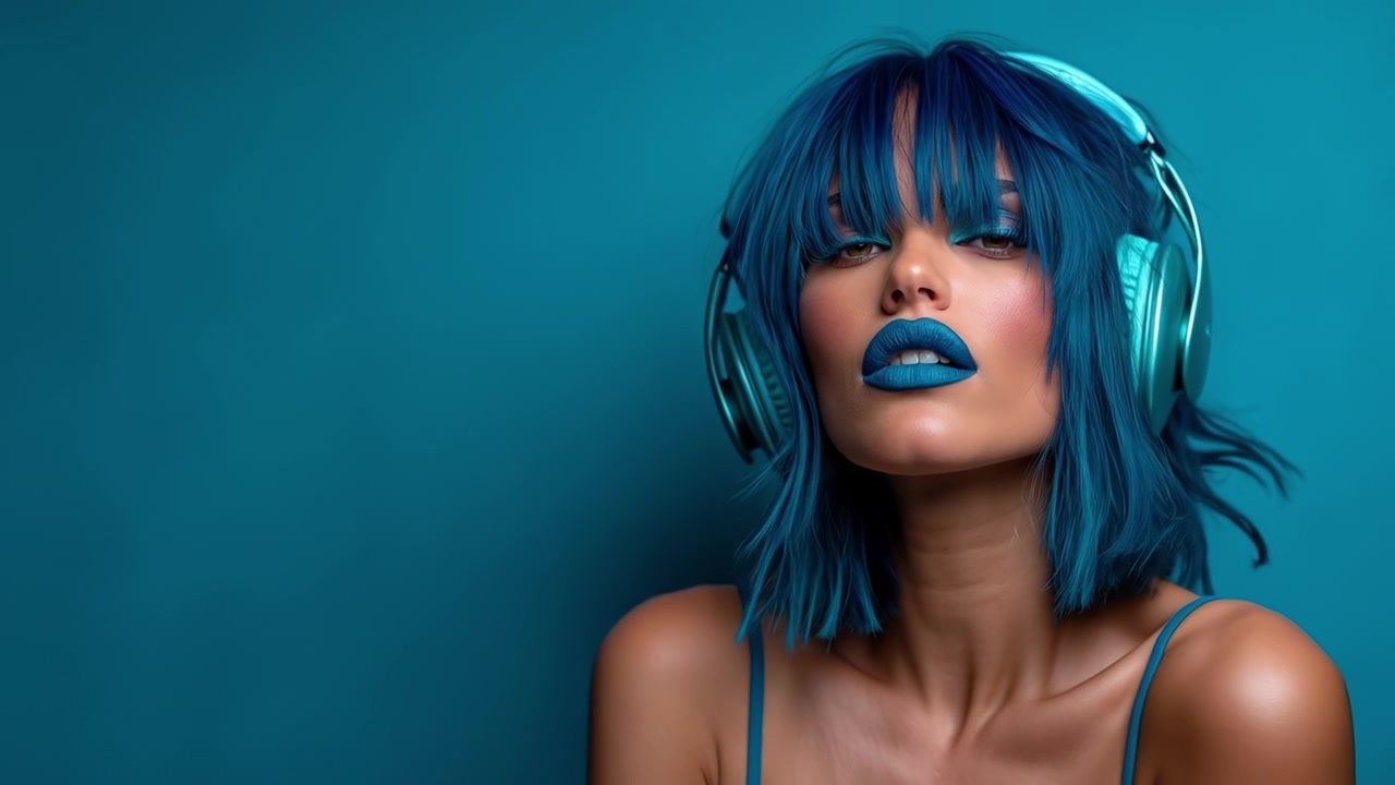 Ritratto ravvicinato di una donna con capelli blu e rossetto abbinato che indossa le cuffie.