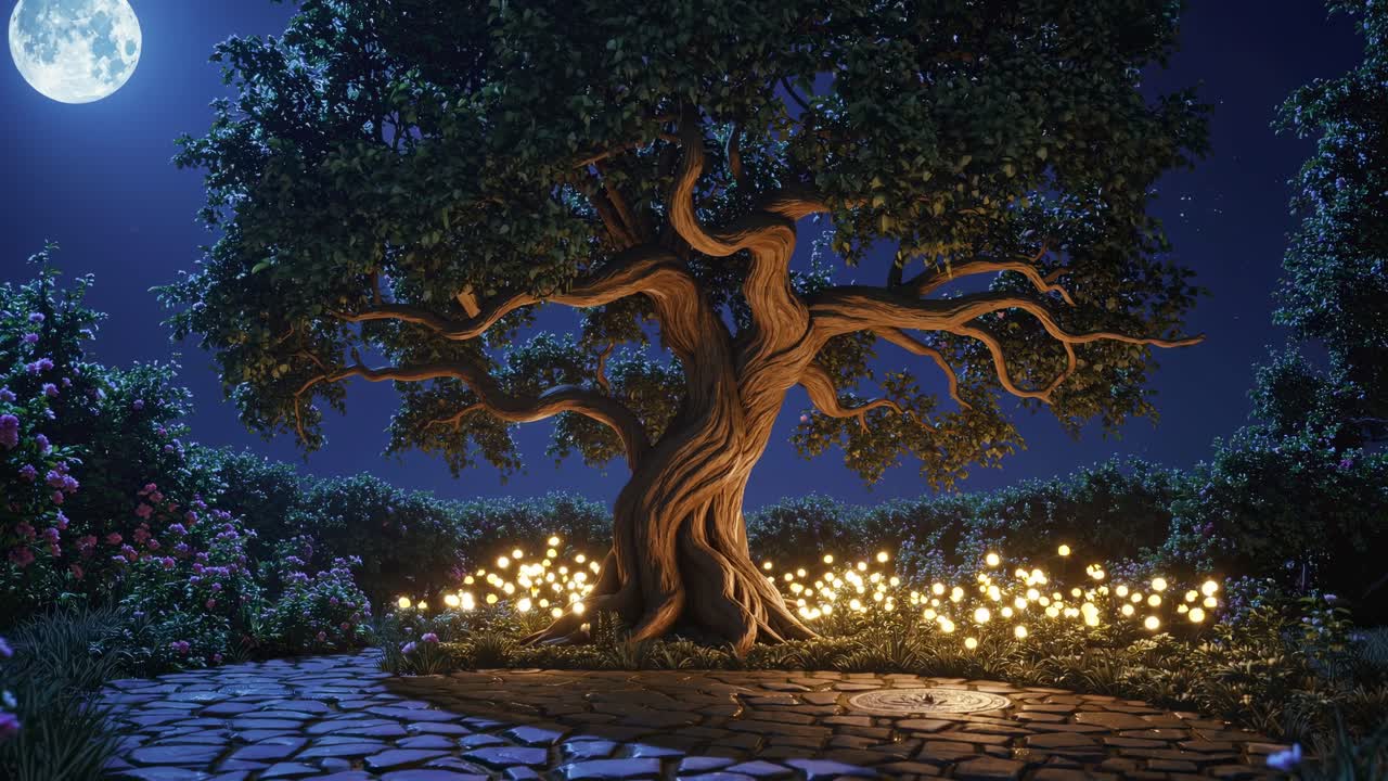 Enchanting night scene with a large tree under a full moon, viewed from a low angle