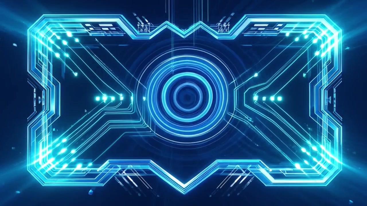 Futuristisk digitalt HUD-interface med glødende blå kredsløbsanimation.