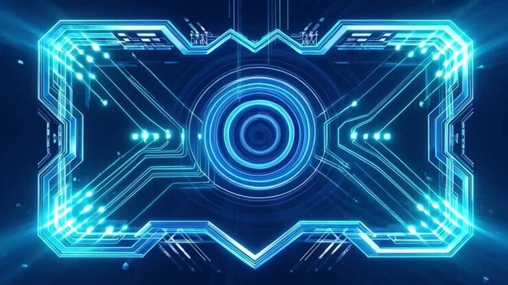 Interfaccia HUD digitale futuristica con animazione di circuiti blu luminosi.