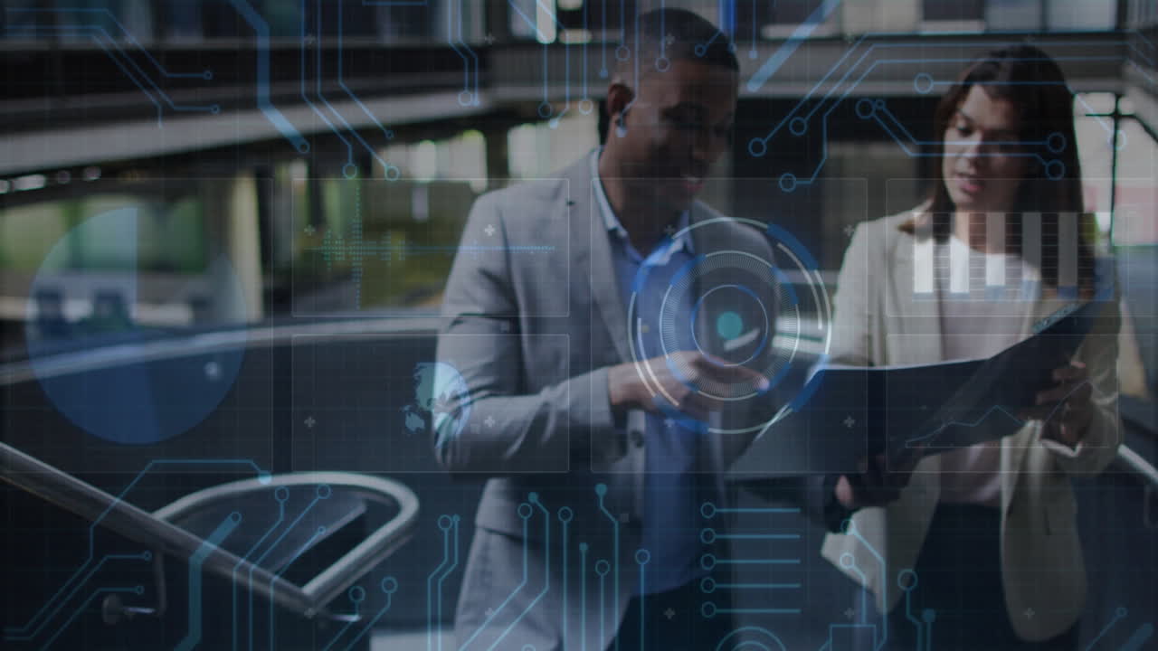 In office, business professionals discussing documents with digital data processing overlay