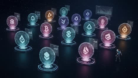exploring the digital universe of cryptocurrencies: a journey through virtual assets and blockchain innovations represented by floating holographic orbs