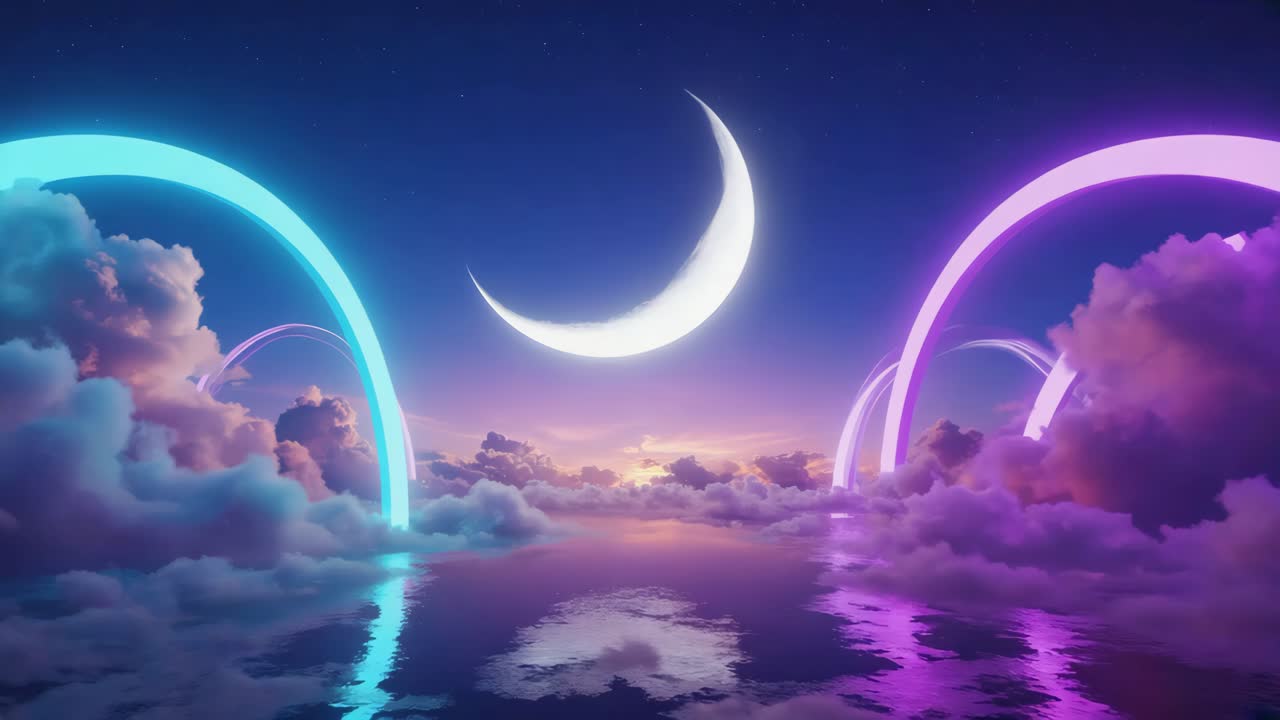 Paesaggio lunare da sogno con archi al neon