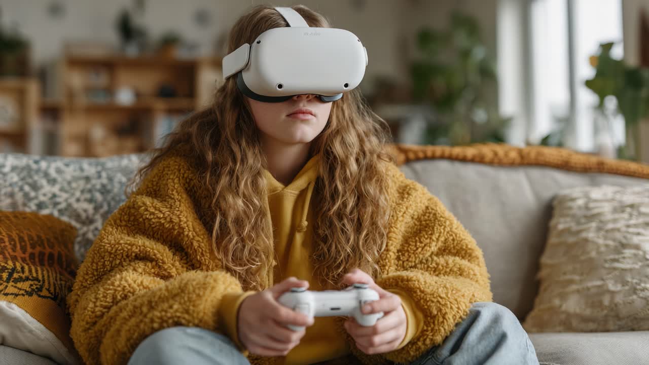 Un giovane immerso in un'esperienza di realtà virtuale, con indosso un visore e intento a usare un controller di gioco mentre si rilassa su un comodo divano