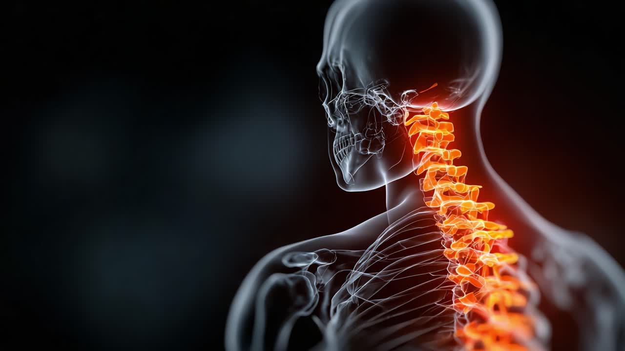 Una vista ravvicinata di uno scheletro umano che evidenzia la colonna cervicale e la neuroanatomia con dettagli luminosi, mostrando le complessità della struttura e della connettività spinale.