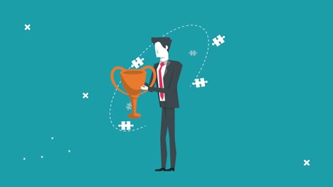 elegante hombre de negocios levantando trofeos y piezas de rompecabezas