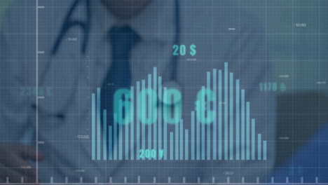 animación del procesamiento de datos financieros sobre diversos médicos que se estrechan la mano