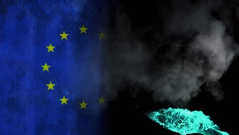 Animación-De-Estelas-De-Luz-Azul-Brillante-Y-Nubes-Sobre-La-Bandera-De-La-Unión-Europea