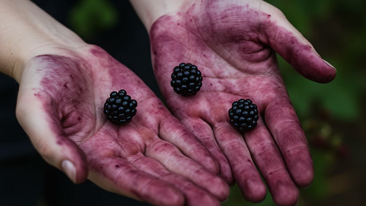 Hands Stained with Berry Juice Presenting Fresh Blackberries, Symbolizing Harvest and Nature's Abundance in a Close-Up Shot