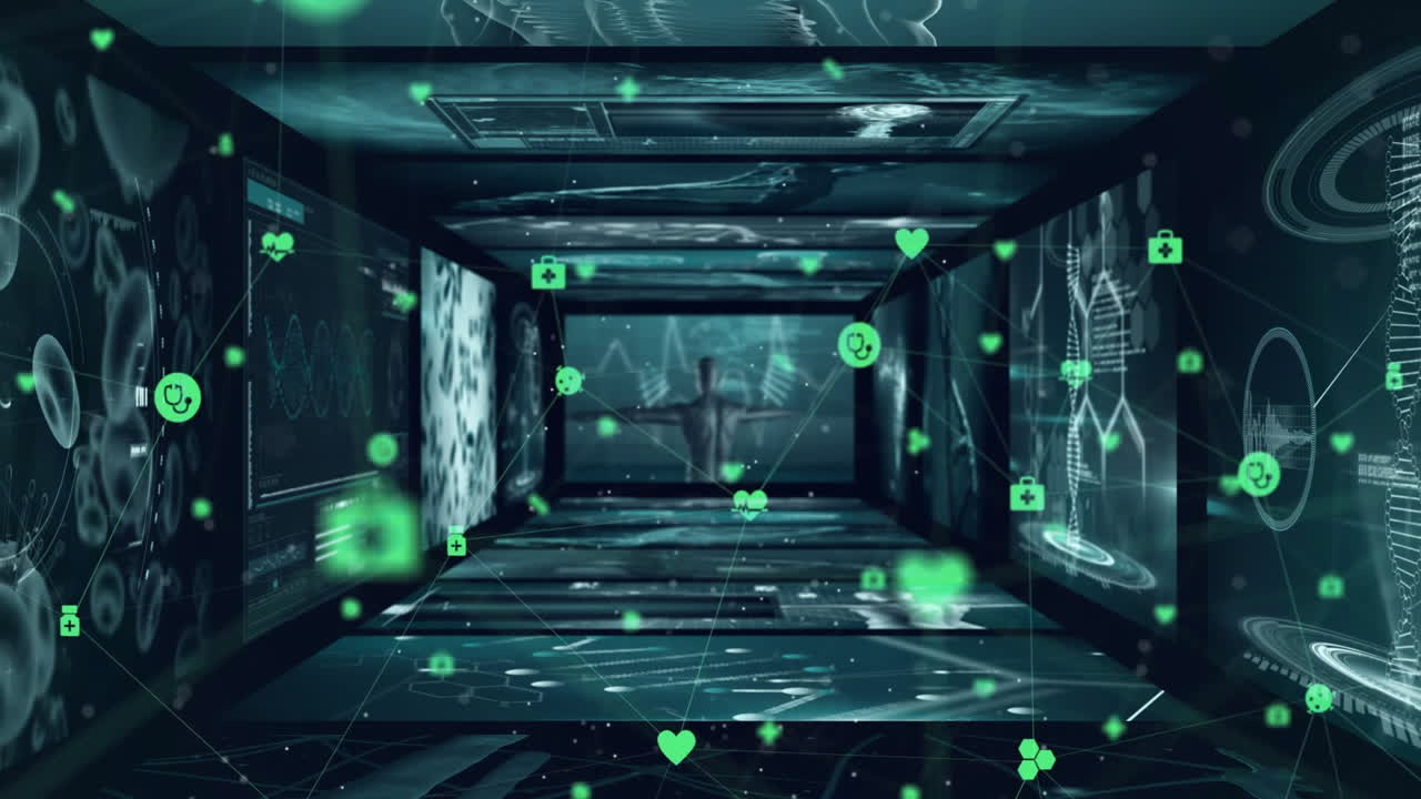 translucent human silhouette holding T-pose in medical tunnel, with floating hearts and DNA helixes