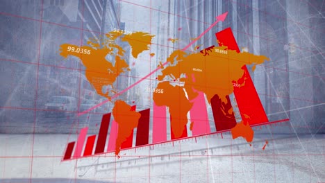 Animación-Del-Mapa-Mundial,-Estadísticas-Y-Procesamiento-De-Datos-Sobre-El-Paisaje-Urbano