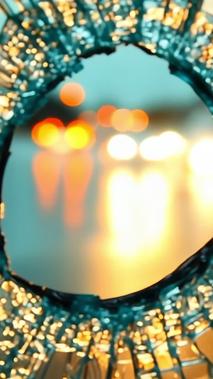 Glass shards gleam in city light. Close-up of shattered glass with vibrant, blurred city lights in the background, creating a striking effect.
