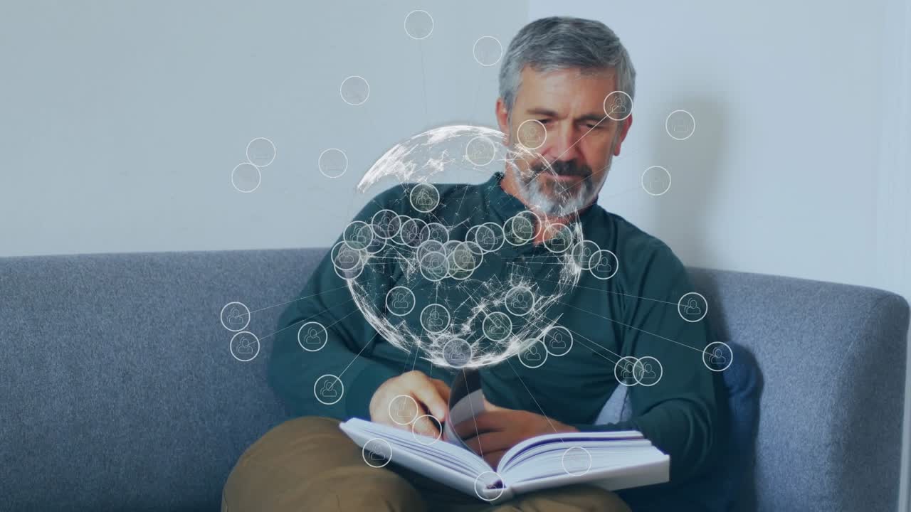 Animation of connections and globe over caucasian senior man reading book