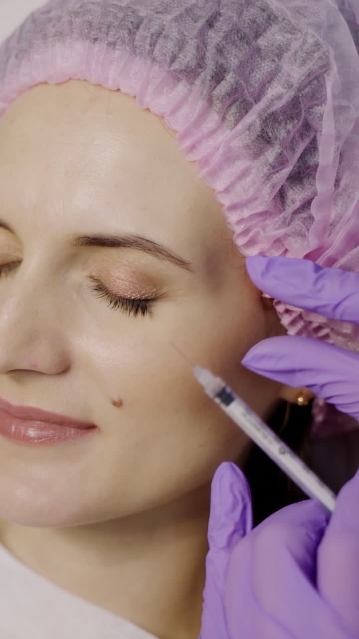 A beautiful woman is lying on the couch in the office of a beautician on the Botox procedure in the eye area. Beauty injections. Close-up. Vertical video