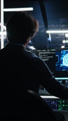 vertical video data center engineer working on artificial intelligence neural network