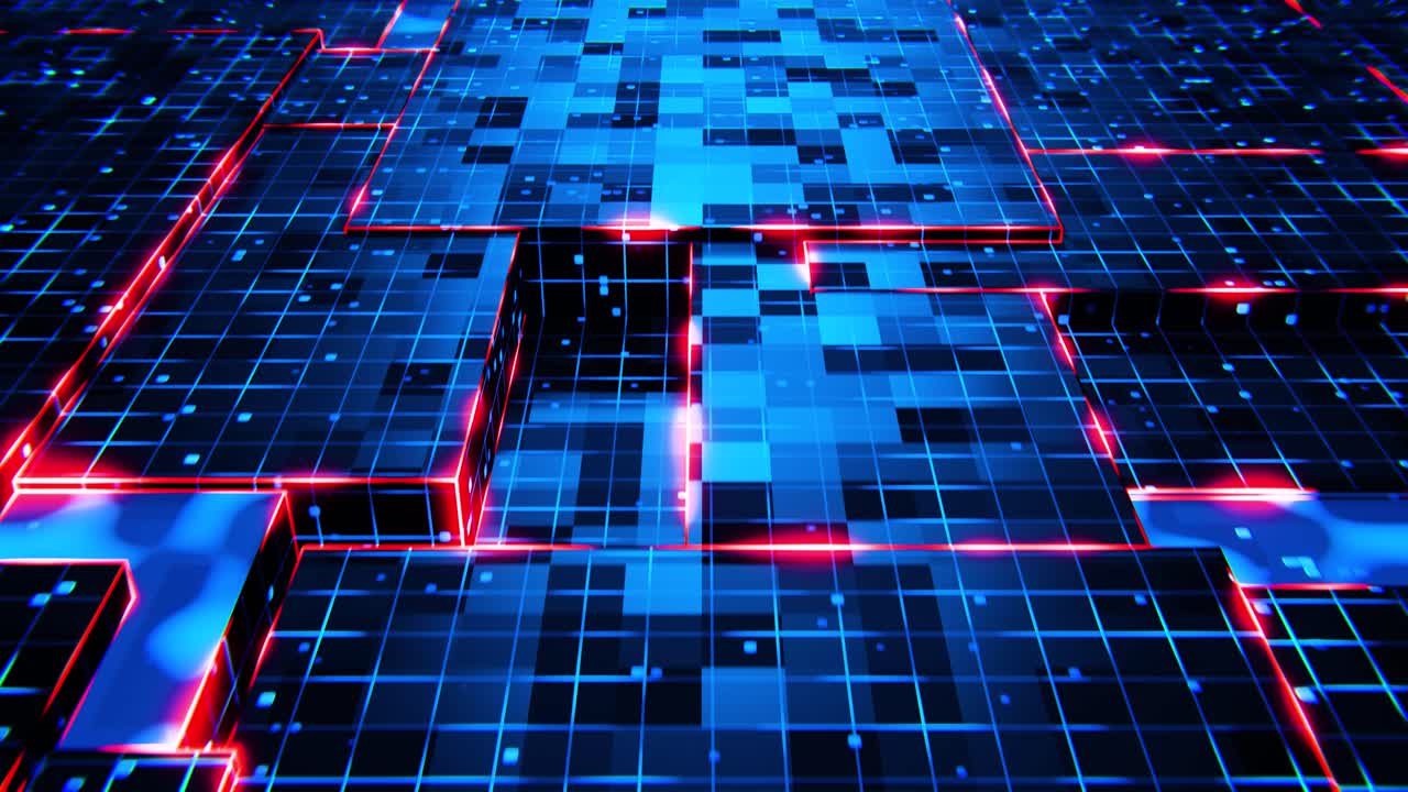 Abstract Digital Grid Network with Glowing Blue and Red Lines