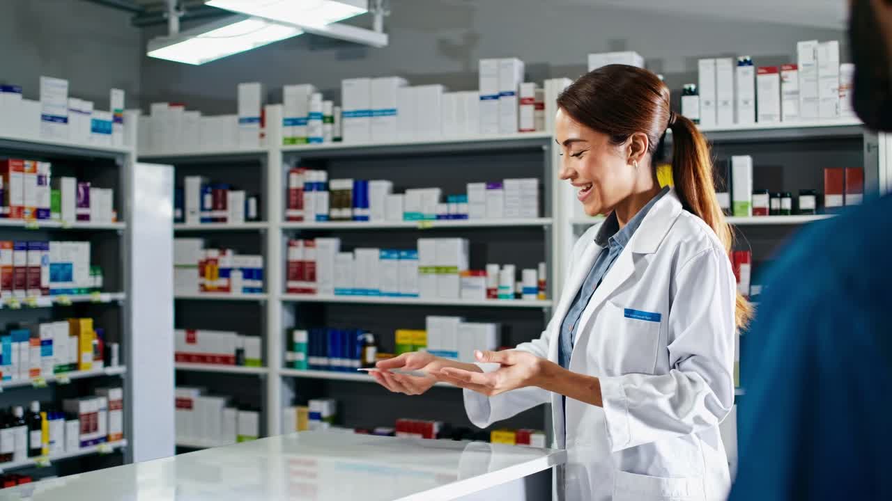 Um farmacêutico de jaleco branco atende um cliente em uma farmácia. O vídeo usa um plano médio.