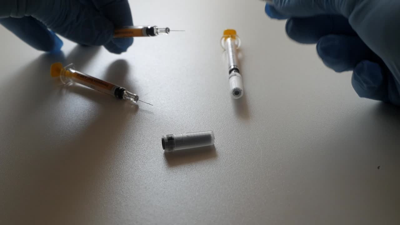 Syringes being handled with gloved hands, focusing on their preparation and usage