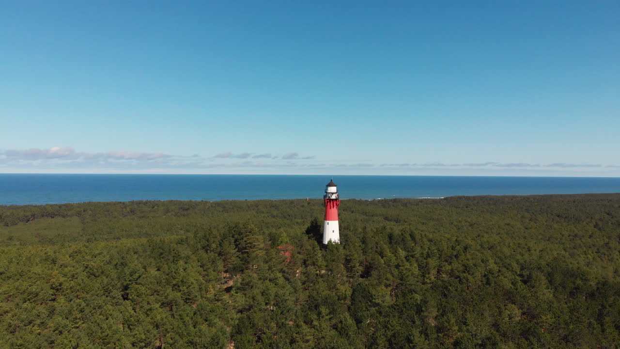 Red and white lighthouse in the forest