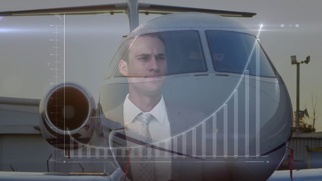Business exec raising hand into grid visualizing growth curve and bars showing data over jet tarmac