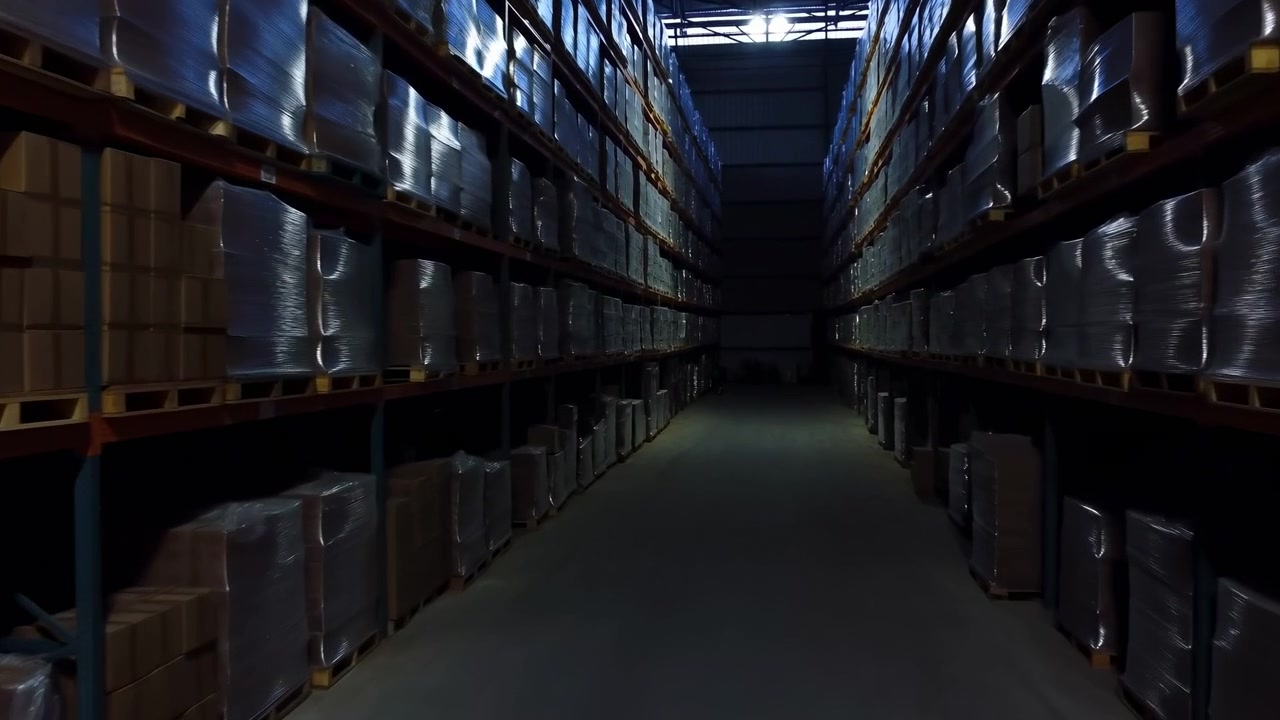 Tom midtergang inde i et industrielt lager, med høje metalreolrækker, stablede træpaller, papkartoner og krympepakkede læs, der danner stærk symmetri og dybde.