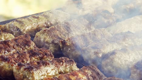 variedad de deliciosas carnes a la parrilla, vista superior, salchichas, pollo, cerdo