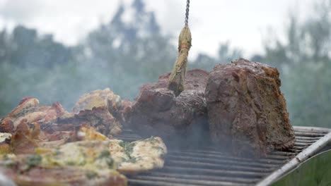 close shot of a person's hand oiling the meat with brush, flesh roasting on barbeque