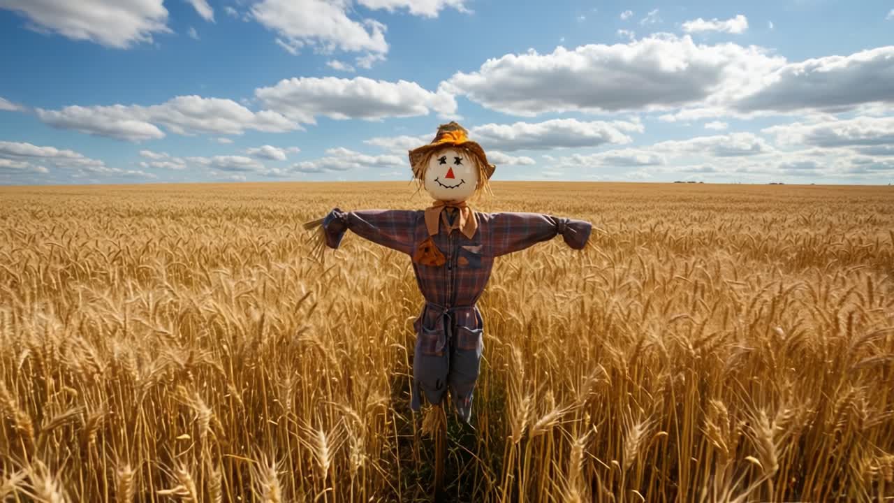 A charming scarecrow stands amidst golden wheat fields under a bright blue sky with fluffy clouds, embodying the essence of rural tranquility and agricultural life
