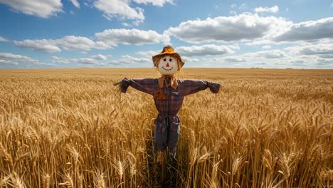 a charming scarecrow stands amidst golden wheat fields under a bright blue sky with fluffy clouds, embodying the essence of rural tranquility and agricultural life
