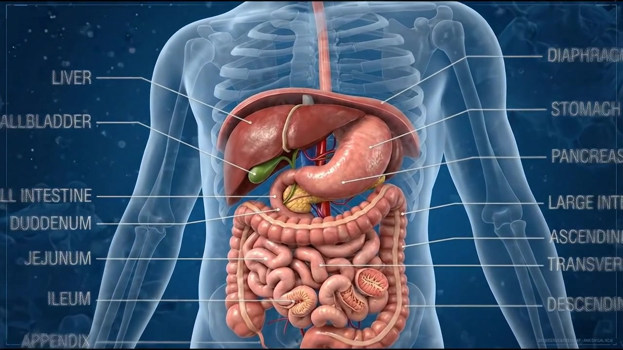 Transparent upper body showing stomach liver and intestinal digestive system