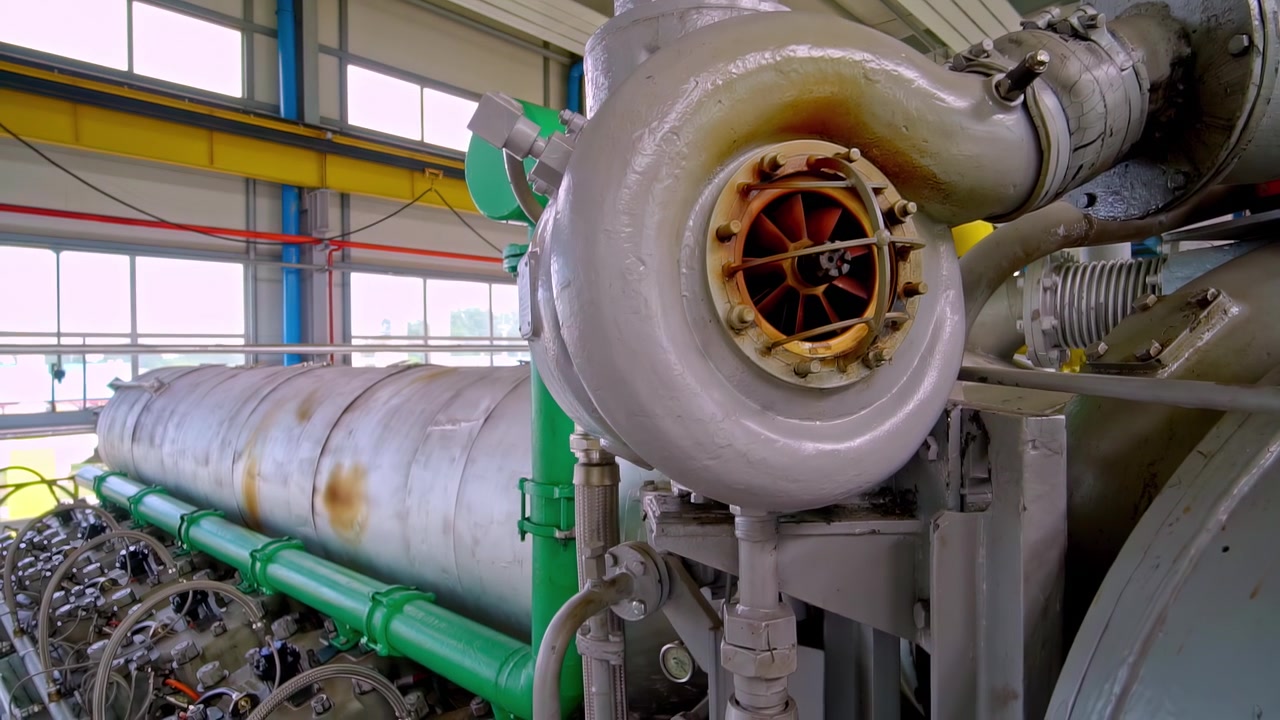 Industrial turbocharger close-up inside a powerful marine engine facility setup